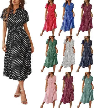 Summer Dresses for Women 2025 Casual Loose Trendy Short Sleeve V-Neck Boho Polka Dot Print Beach Maxi Dress, S-2XL