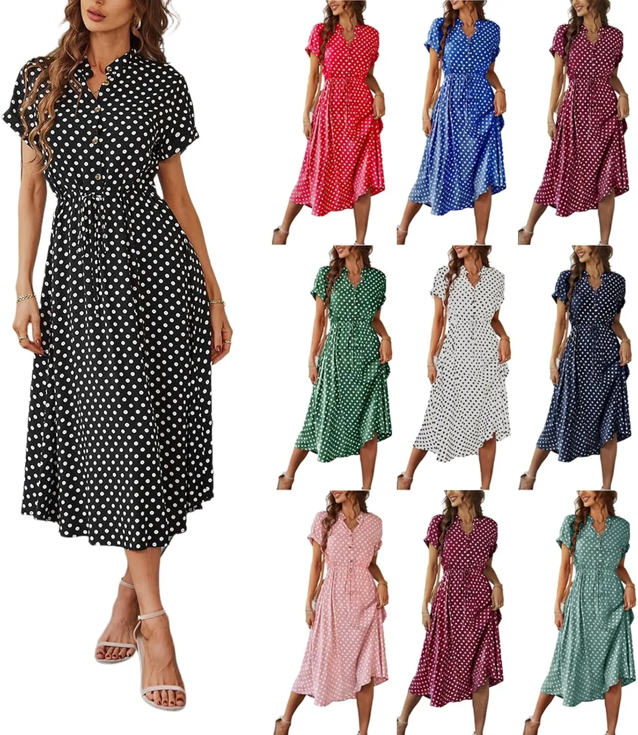 Summer Dresses for Women 2025 Casual Loose Trendy Short Sleeve V-Neck Boho Polka Dot Print Beach Maxi Dress, S-2XL