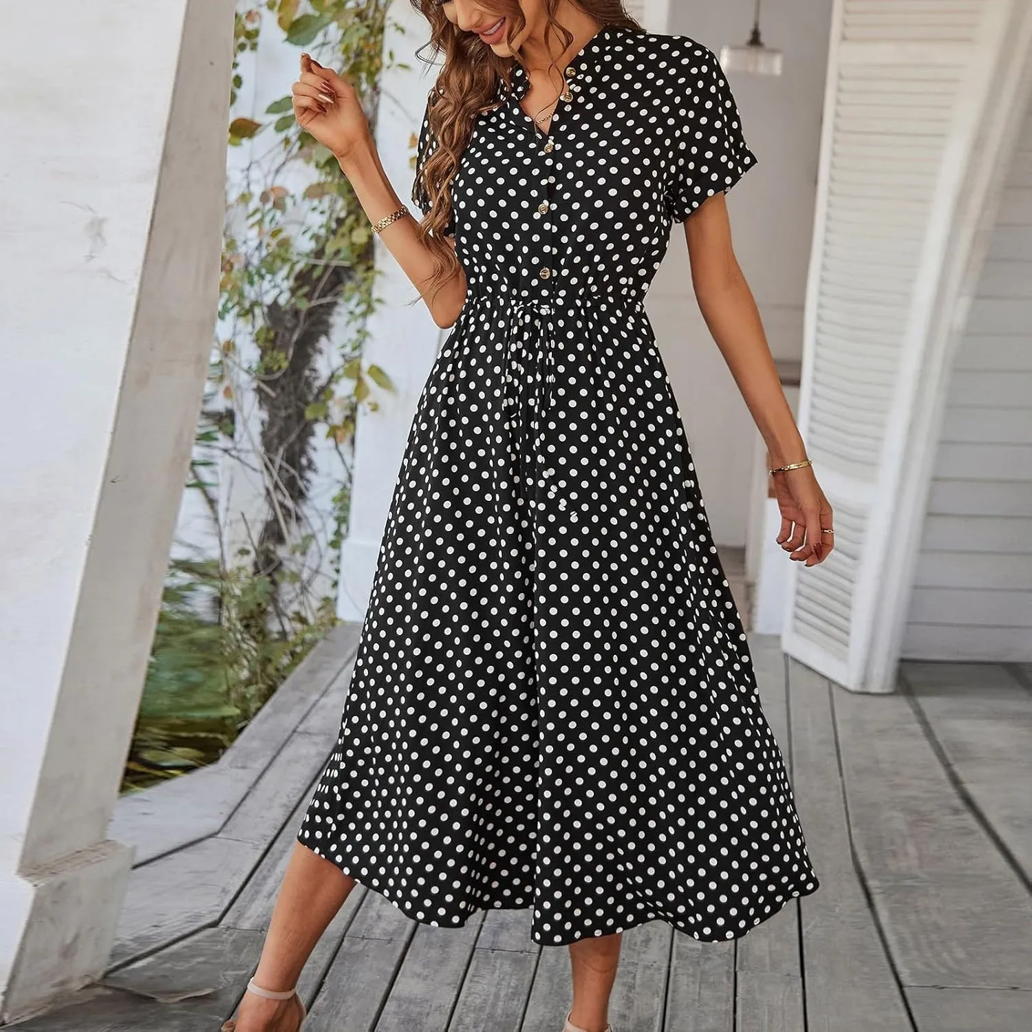 Summer Dresses for Women 2025 Casual Loose Trendy Short Sleeve V-Neck Boho Polka Dot Print Beach Maxi Dress, S-2XL