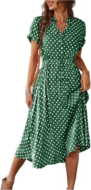Summer Dresses for Women 2025 Casual Loose Trendy Short Sleeve V-Neck Boho Polka Dot Print Beach Maxi Dress, S-2XL