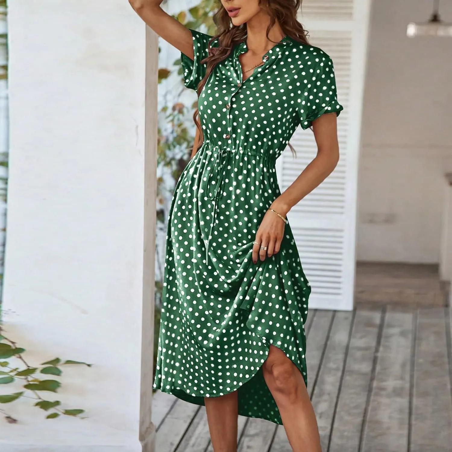 Summer Dresses for Women 2025 Casual Loose Trendy Short Sleeve V-Neck Boho Polka Dot Print Beach Maxi Dress, S-2XL