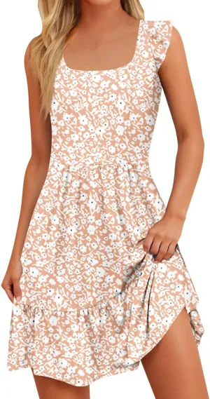 Summer Dresses for Women 2025 Casual Sleeveless Ruffle Flowy Midi Dress Square Neck Tiered Boho Beach Tunic Sundress