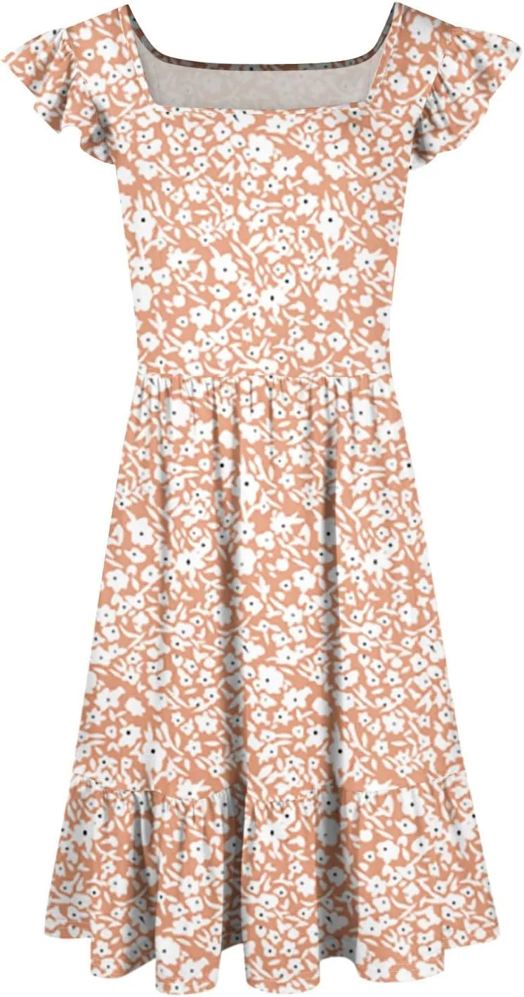 Summer Dresses for Women 2025 Casual Sleeveless Ruffle Flowy Midi Dress Square Neck Tiered Boho Beach Tunic Sundress