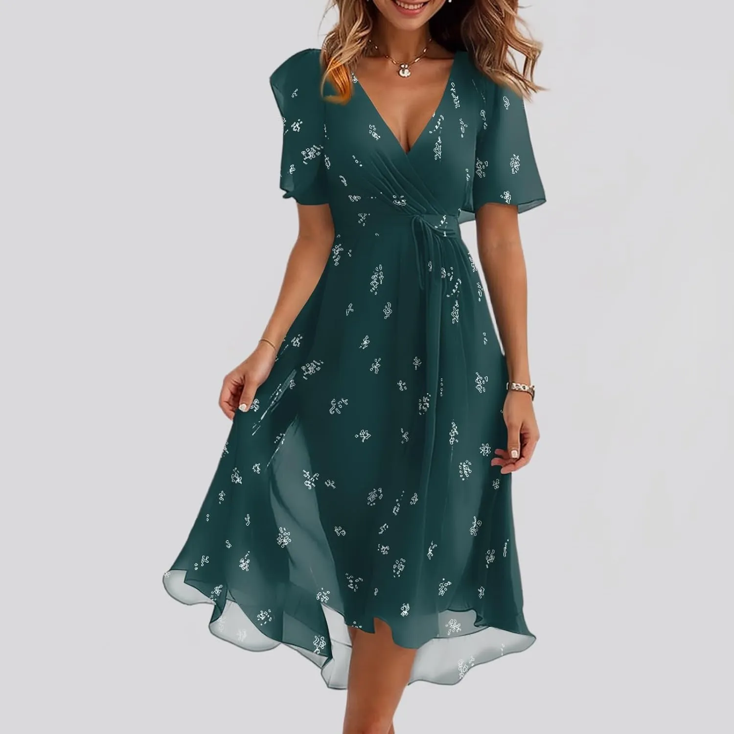 Summer Dresses for Women 2025 Casual Trendy Short Sleeve V-Neck Floral Printed Solid Vacation Cocktail Dress, S-2XL