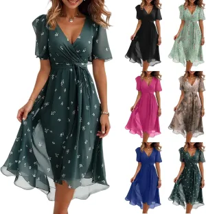 Summer Dresses for Women 2025 Casual Trendy Short Sleeve V-Neck Floral Printed Solid Vacation Cocktail Dress, S-2XL