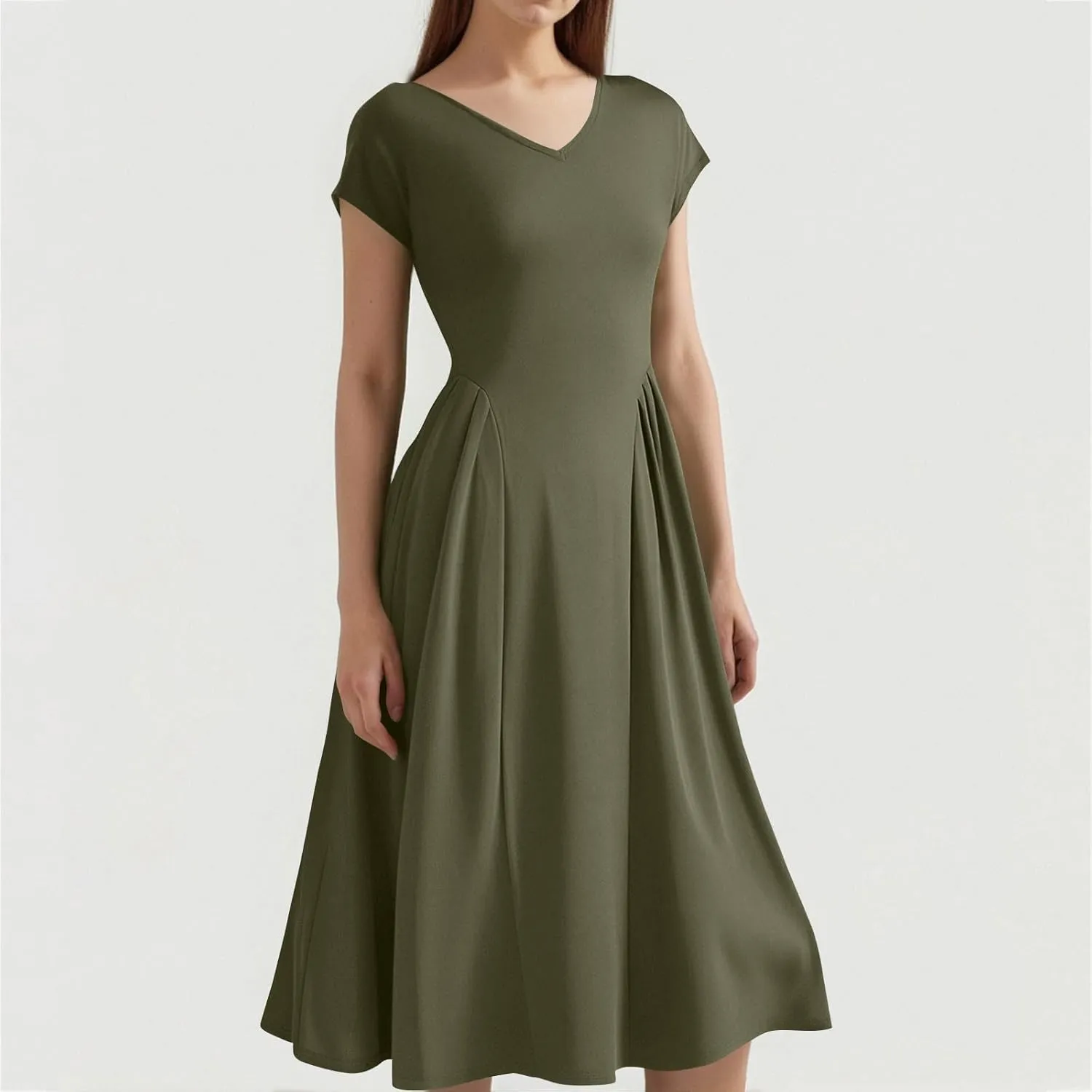 Summer Dresses for Women 2025 Casual V Neck Cap Sleeve Midi Dress Pleated Flowy Business Formal A Line Dresses