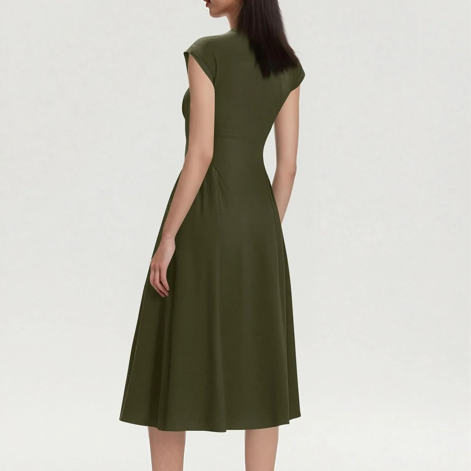 Summer Dresses for Women 2025 Casual V Neck Cap Sleeve Midi Dress Pleated Flowy Business Formal A Line Dresses