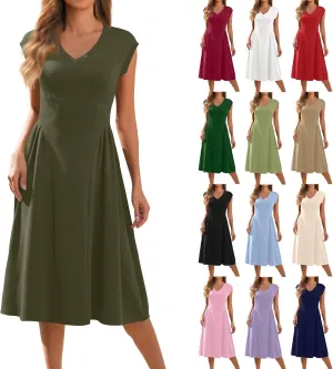 Summer Dresses for Women 2025 Casual V Neck Cap Sleeve Midi Dress Pleated Flowy Business Formal A Line Dresses
