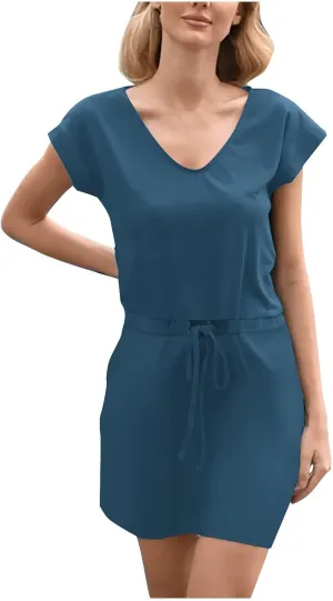 Summer Dresses for Women 2025 Casual V-Neck Short Sleeve Sundress Ladies Fashion Work Mini Dresses with Pockets