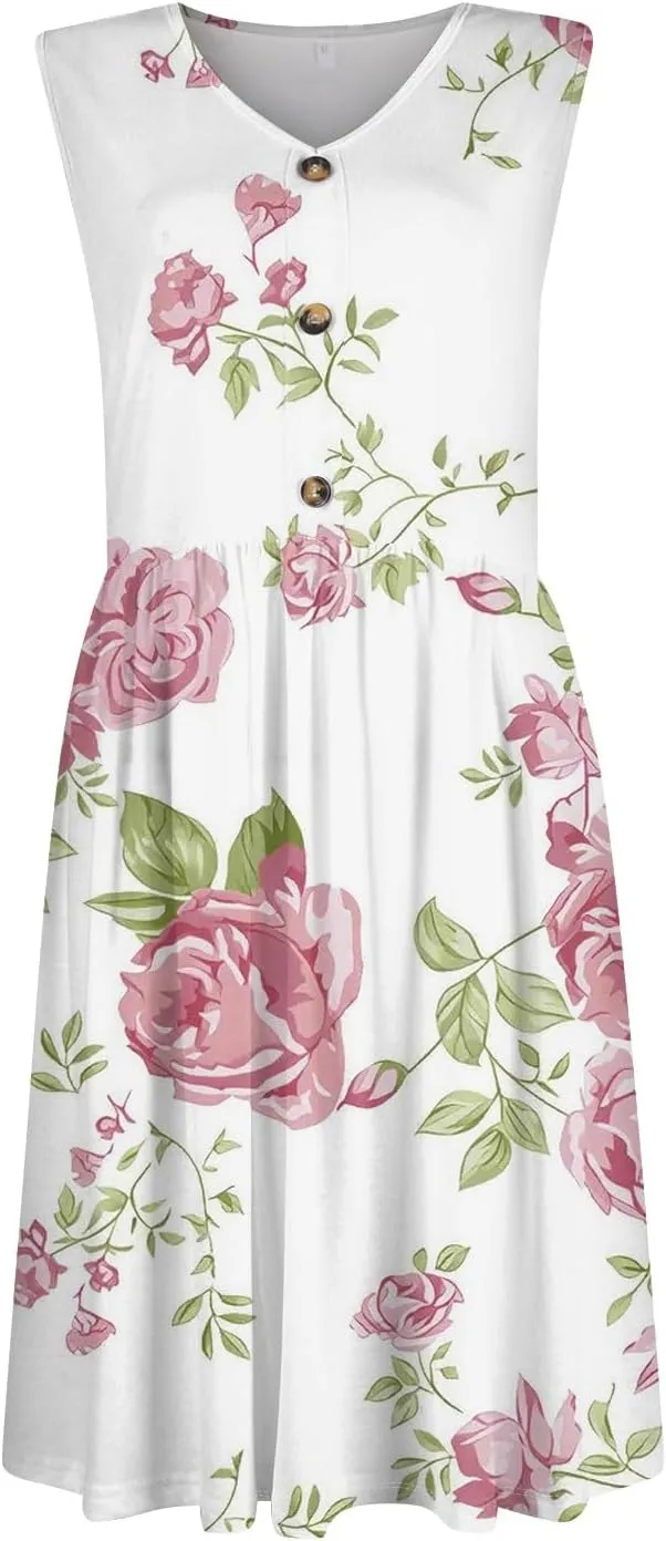 Summer Dresses for Women 2025 Cotton Sleeveless Wedding Guest Dresses Button Midi Boho Beach Vacation Sundress