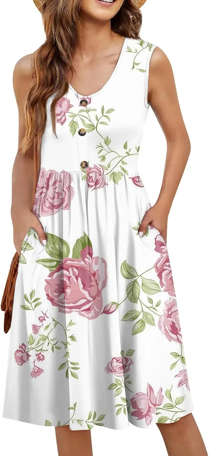Summer Dresses for Women 2025 Cotton Sleeveless Wedding Guest Dresses Button Midi Boho Beach Vacation Sundress