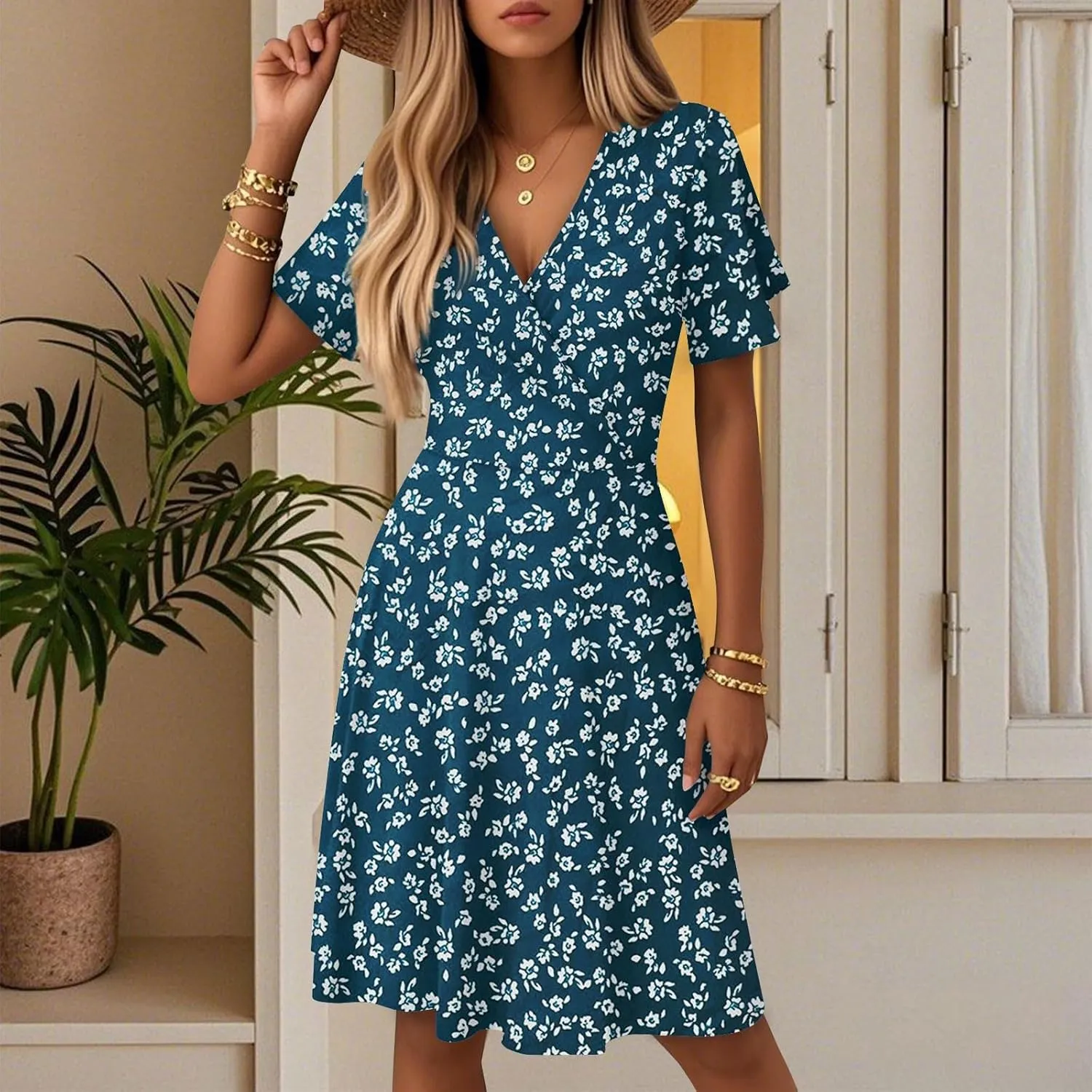 Summer Dresses for Women 2025 Floral Short Sleeve Wrap V Neck A-Line Midi Dress Flowy Beach Vacation Sundress