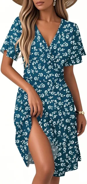 Summer Dresses for Women 2025 Floral Short Sleeve Wrap V Neck A-Line Midi Dress Flowy Beach Vacation Sundress