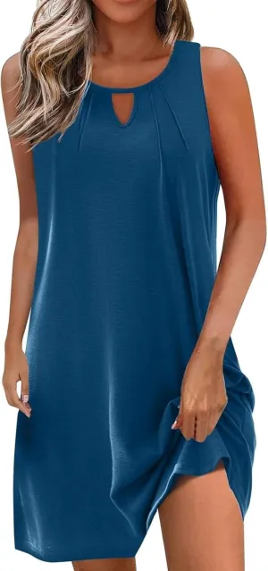 Summer Dresses for Women 2025 Keyhole Neck Casual Dress Sleeveless Pleated Mini Dress Beach Vacation Flowy Dresses