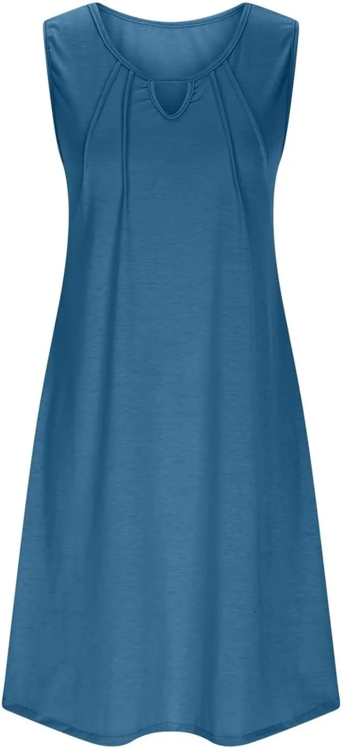 Summer Dresses for Women 2025 Keyhole Neck Casual Dress Sleeveless Pleated Mini Dress Beach Vacation Flowy Dresses