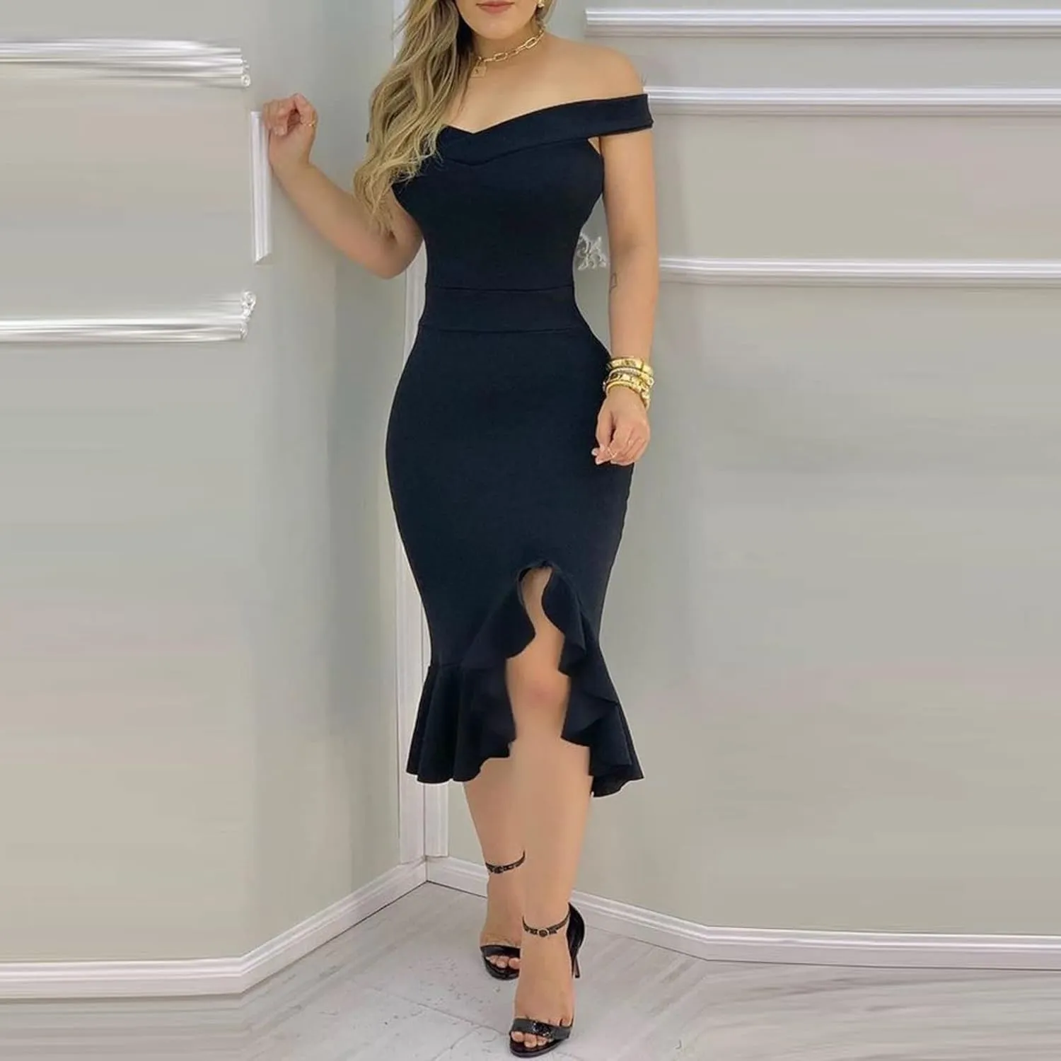 Summer Dresses for Women 2025 Off Shoulder Ruffle Irregular Bodycon Midi Dress Formal Wedding Guest Dresses