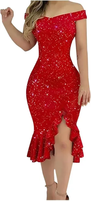 Summer Dresses for Women 2025 Off Shoulder Ruffle Irregular Bodycon Midi Dress Formal Wedding Guest Dresses