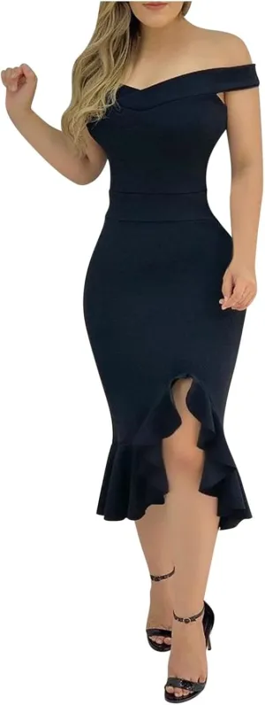 Summer Dresses for Women 2025 Off Shoulder Ruffle Irregular Bodycon Midi Dress Formal Wedding Guest Dresses