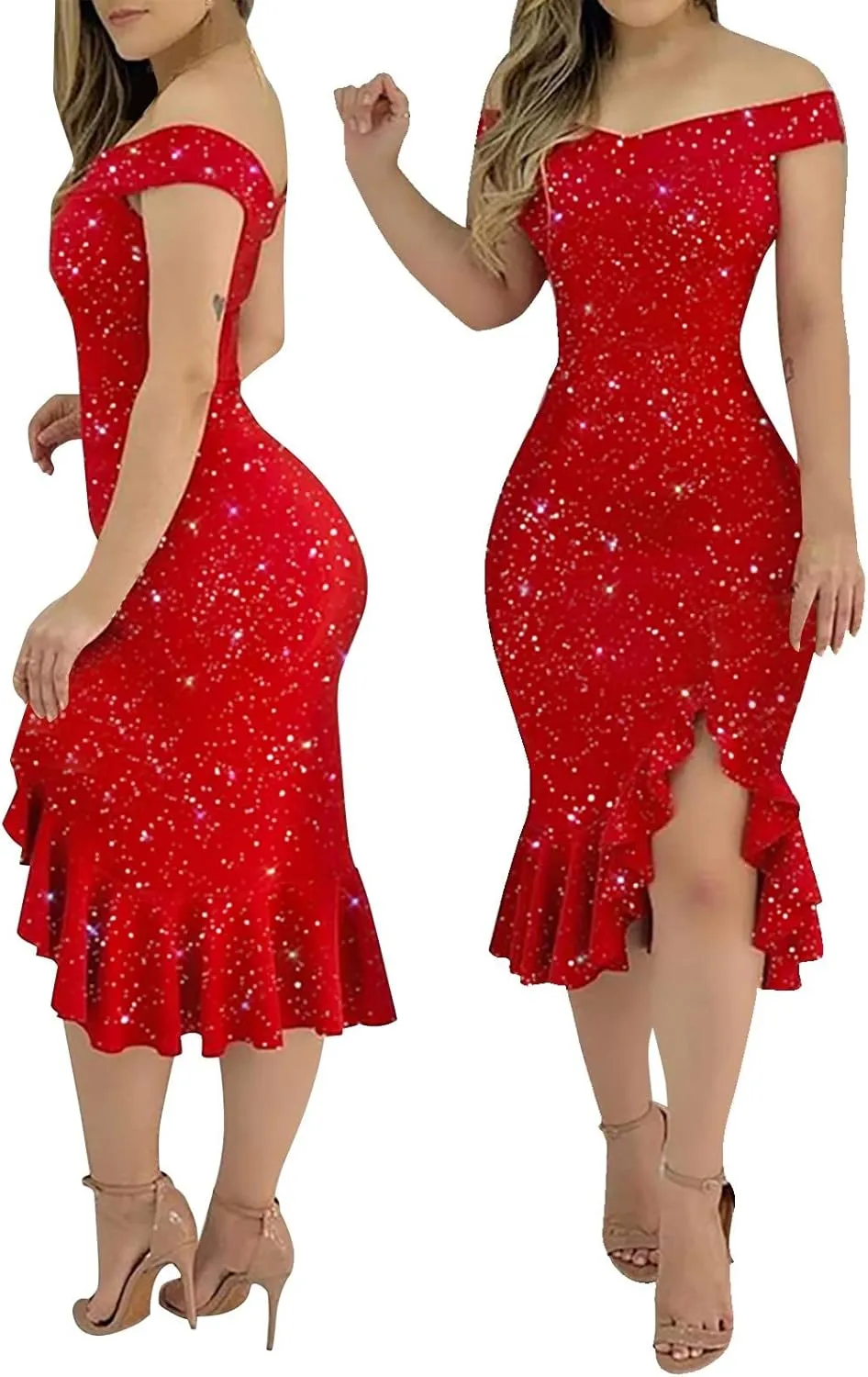 Summer Dresses for Women 2025 Off Shoulder Ruffle Irregular Bodycon Midi Dress Formal Wedding Guest Dresses
