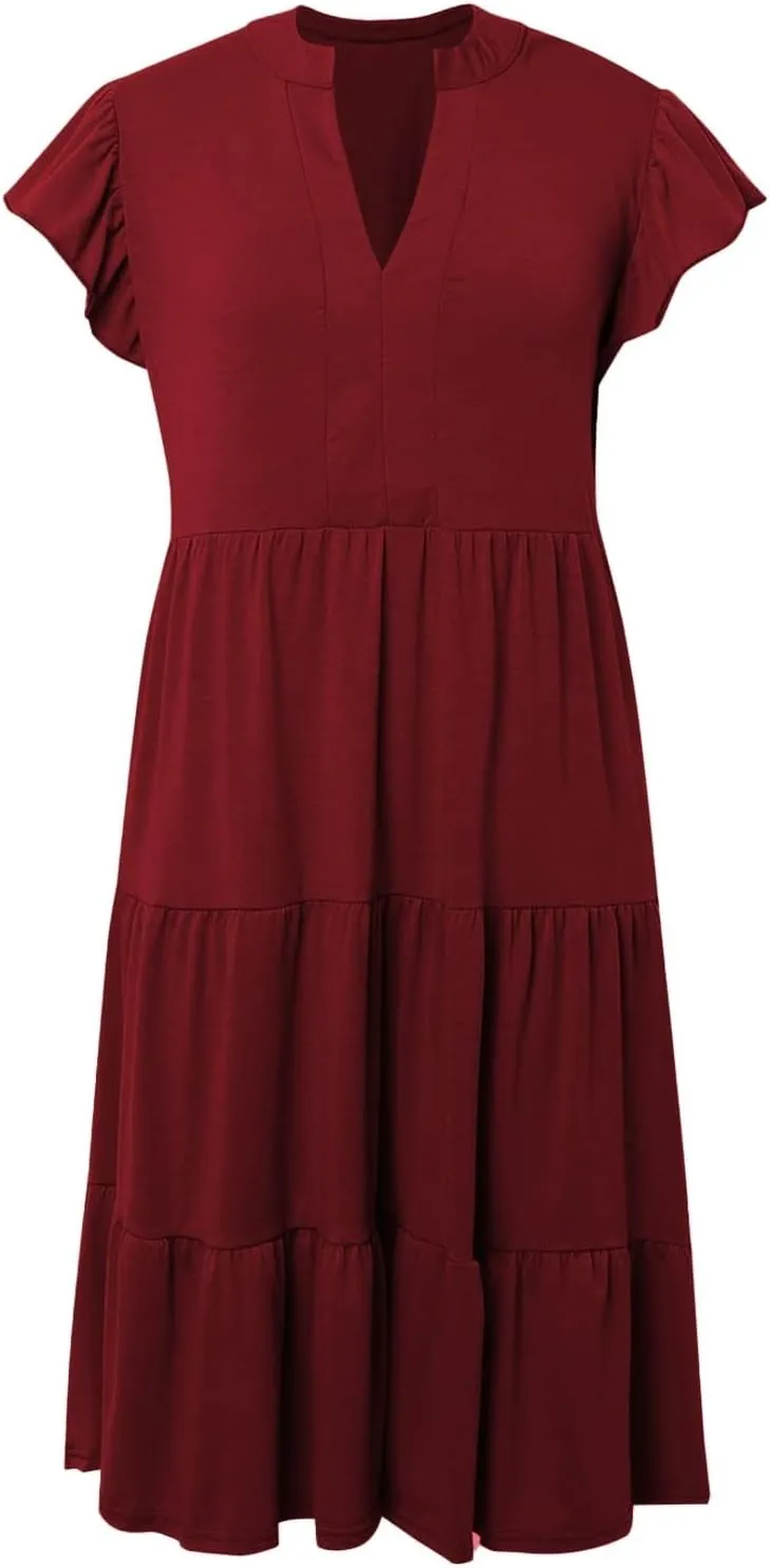 Summer Dresses for Women 2025 Solid Ruffled Sleeve V-Neck Casual Loose Flowy Patchwork Midi Dress with Pockets