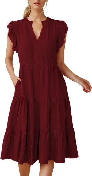 Summer Dresses for Women 2025 Solid Ruffled Sleeve V-Neck Casual Loose Flowy Patchwork Midi Dress with Pockets