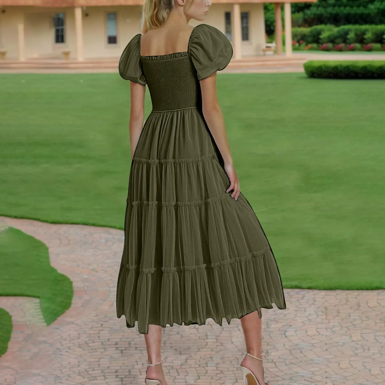 Summer Dresses for Women 2025 Square Neck Puff Sleeve Smocked Wedding Guest Maxi Dress Tiered Flowy Spring Fall Dress