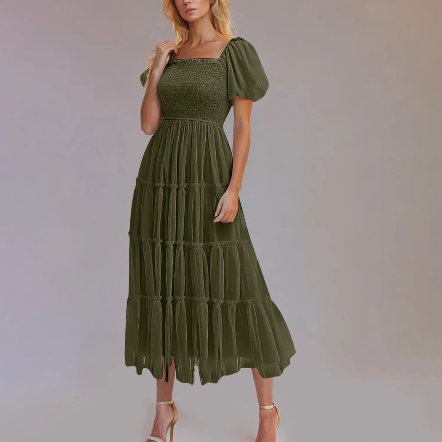 Summer Dresses for Women 2025 Square Neck Puff Sleeve Smocked Wedding Guest Maxi Dress Tiered Flowy Spring Fall Dress