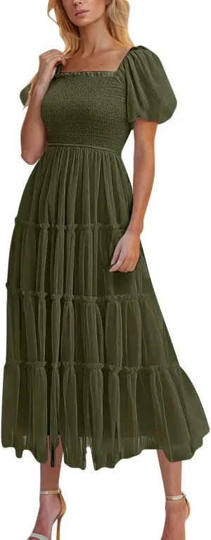 Summer Dresses for Women 2025 Square Neck Puff Sleeve Smocked Wedding Guest Maxi Dress Tiered Flowy Spring Fall Dress