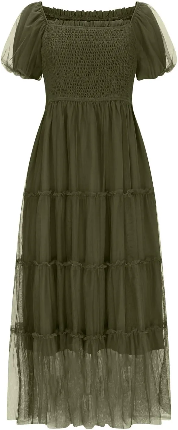 Summer Dresses for Women 2025 Square Neck Puff Sleeve Smocked Wedding Guest Maxi Dress Tiered Flowy Spring Fall Dress