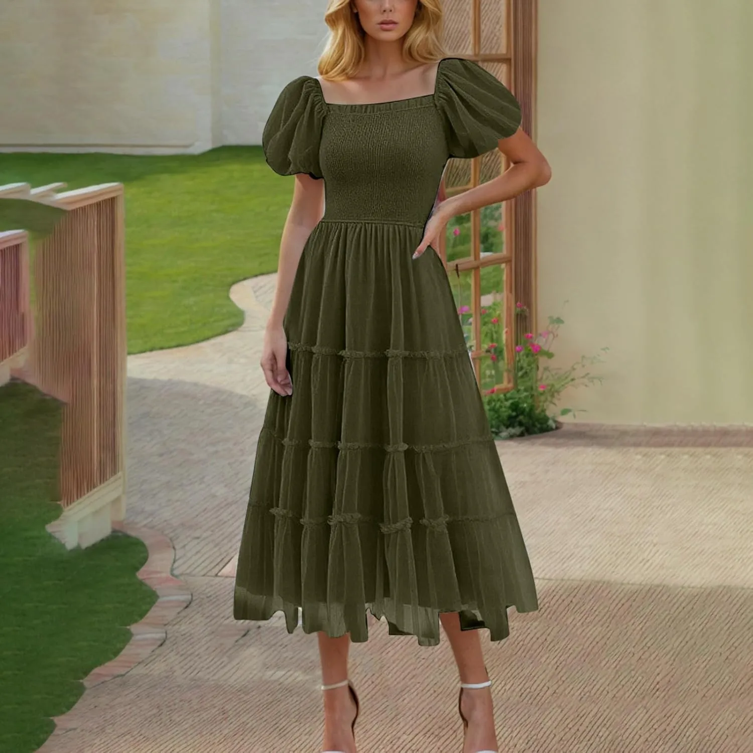 Summer Dresses for Women 2025 Square Neck Puff Sleeve Smocked Wedding Guest Maxi Dress Tiered Flowy Spring Fall Dress