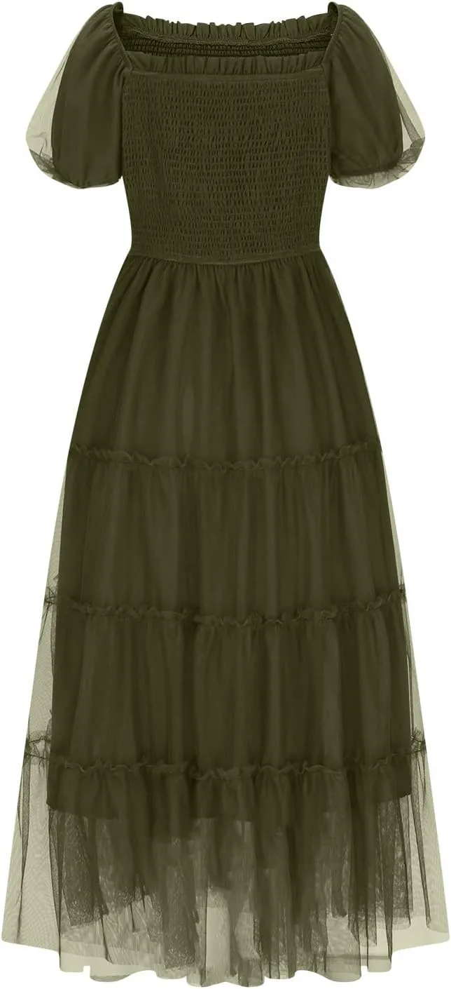 Summer Dresses for Women 2025 Square Neck Puff Sleeve Smocked Wedding Guest Maxi Dress Tiered Flowy Spring Fall Dress