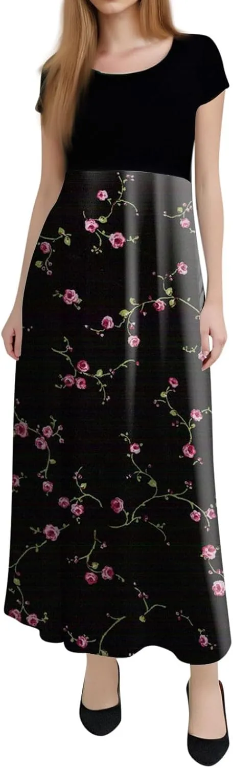 Summer Dresses for Women 2025 Trendy Round Neck Short Sleeve High Waisted Floral Print Maxi Dress Resort Wear