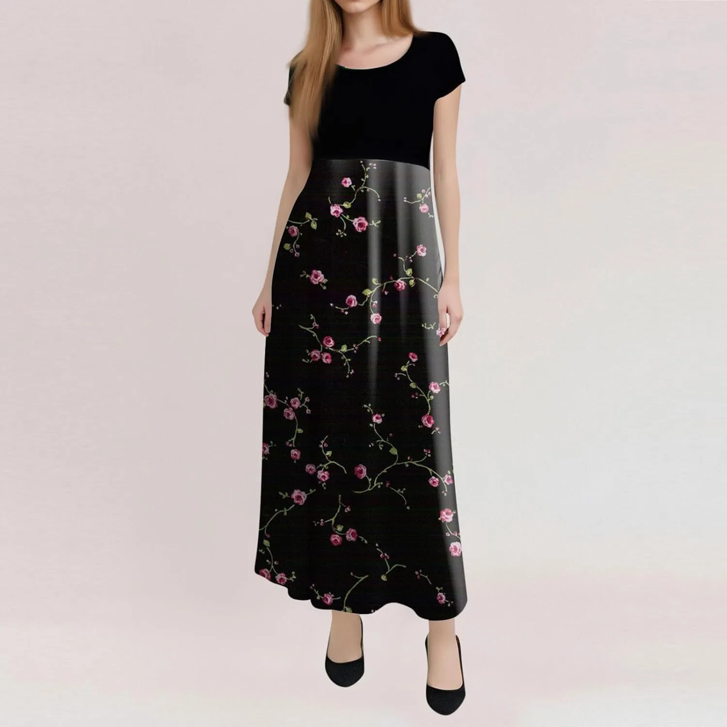 Summer Dresses for Women 2025 Trendy Round Neck Short Sleeve High Waisted Floral Print Maxi Dress Resort Wear