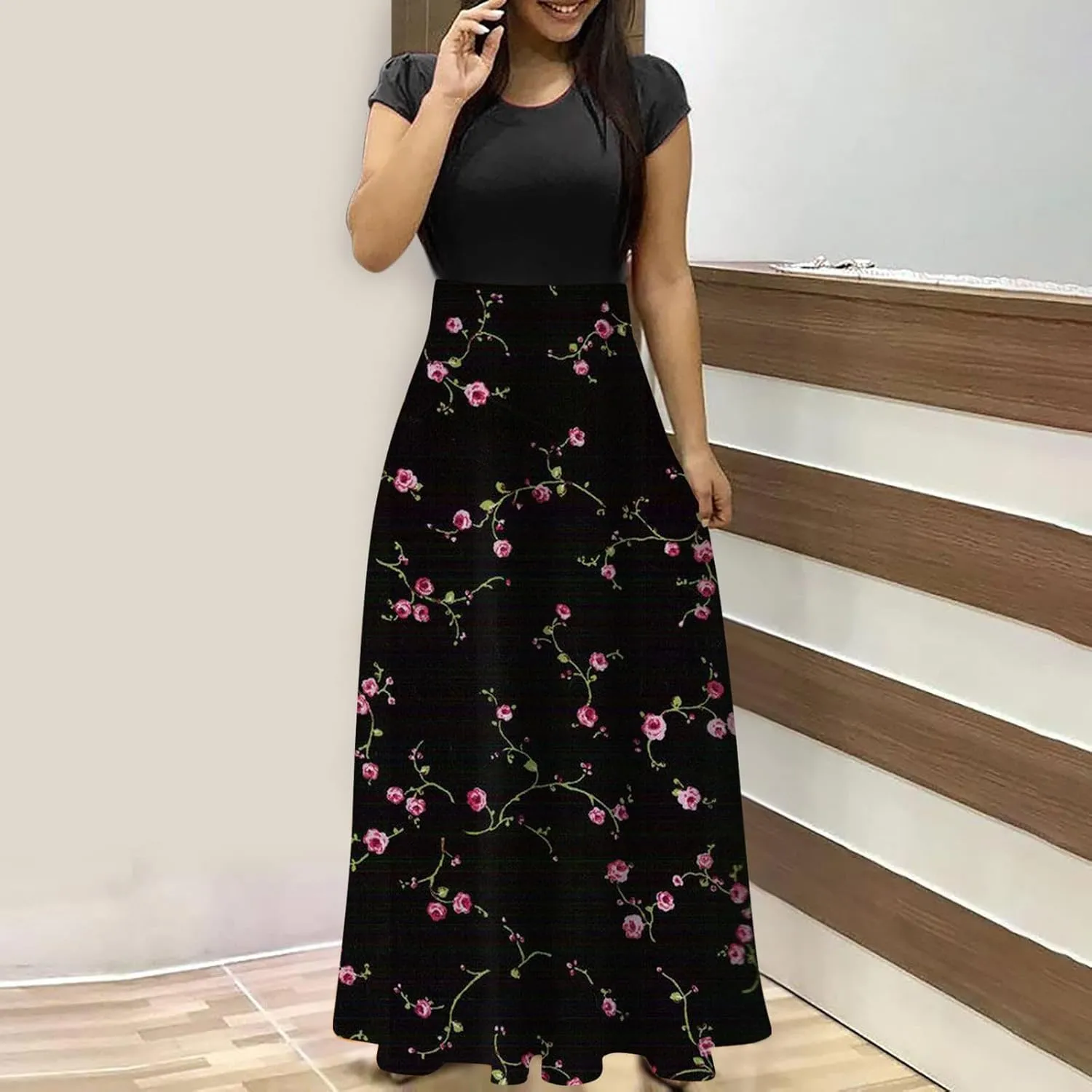 Summer Dresses for Women 2025 Trendy Round Neck Short Sleeve High Waisted Floral Print Maxi Dress Resort Wear
