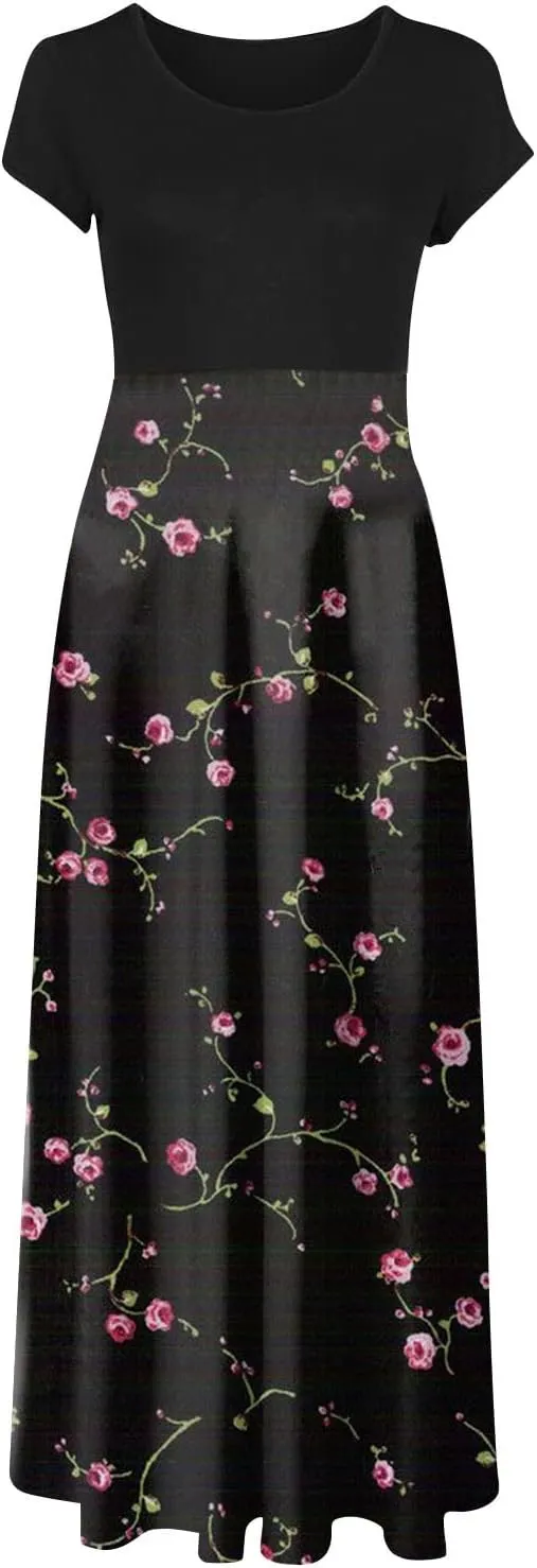 Summer Dresses for Women 2025 Trendy Round Neck Short Sleeve High Waisted Floral Print Maxi Dress Resort Wear