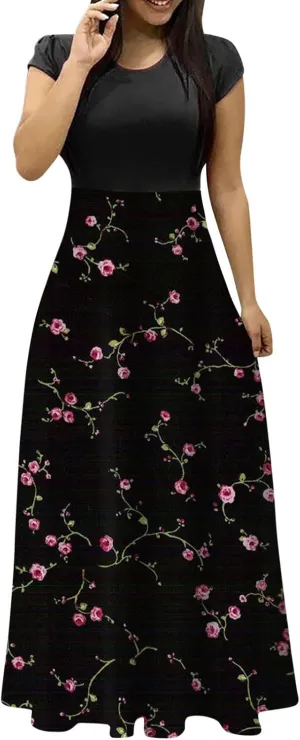Summer Dresses for Women 2025 Trendy Round Neck Short Sleeve High Waisted Floral Print Maxi Dress Resort Wear
