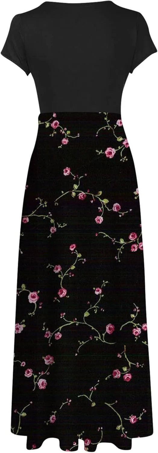 Summer Dresses for Women 2025 Trendy Round Neck Short Sleeve High Waisted Floral Print Maxi Dress Resort Wear