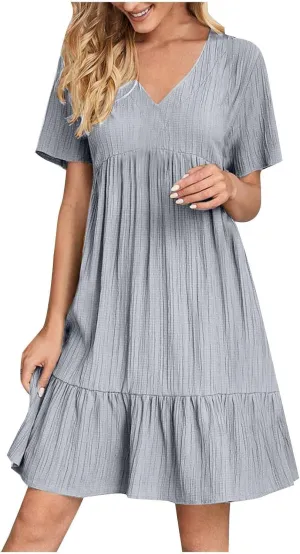 Summer Dresses for Women 2025 Trendy Short Sleeve Pleated Midi Dress Casual Flowy V Neck Elegant Beach Sundresses