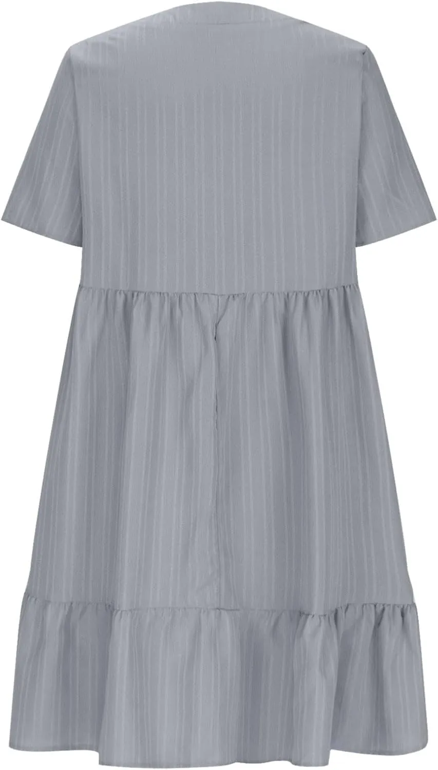 Summer Dresses for Women 2025 Trendy Short Sleeve Pleated Midi Dress Casual Flowy V Neck Elegant Beach Sundresses