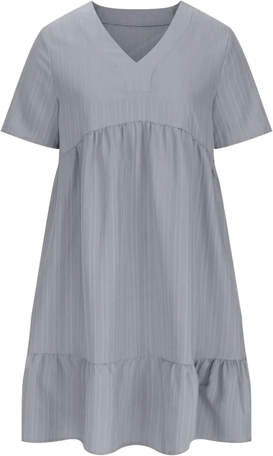 Summer Dresses for Women 2025 Trendy Short Sleeve Pleated Midi Dress Casual Flowy V Neck Elegant Beach Sundresses
