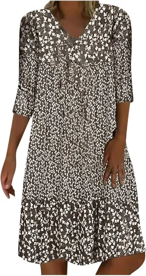 Summer Dresses for Women 2025 Vacation Floral Print 3/4 Sleeve V Neck Dress Comfy Lightweight Casual Fashion Dress