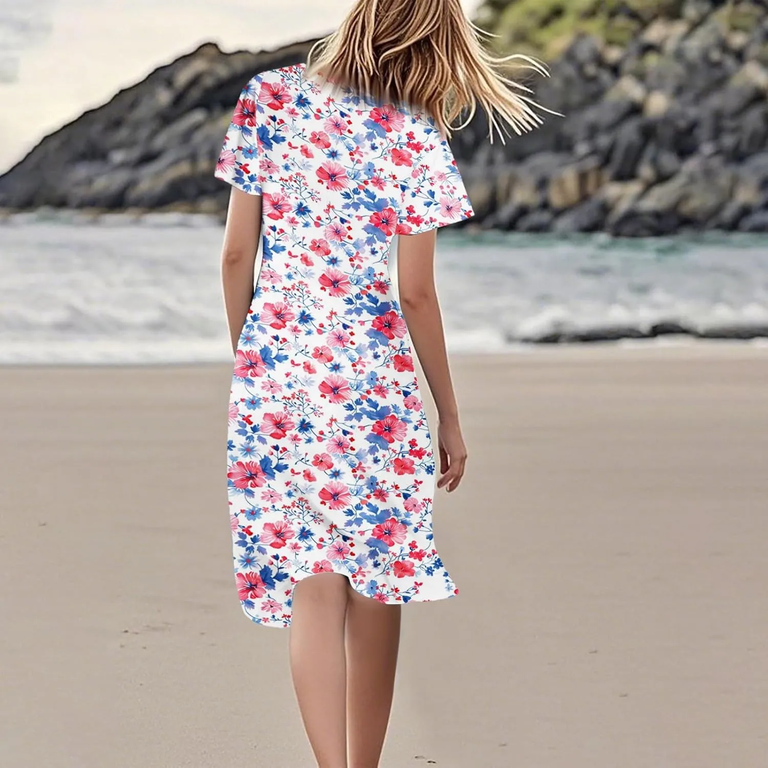 Summer Dresses for Women 205 Trendy Vacation V Neck Short Sleeve Knee Length Midi Boho Floral Flowy Sundresses