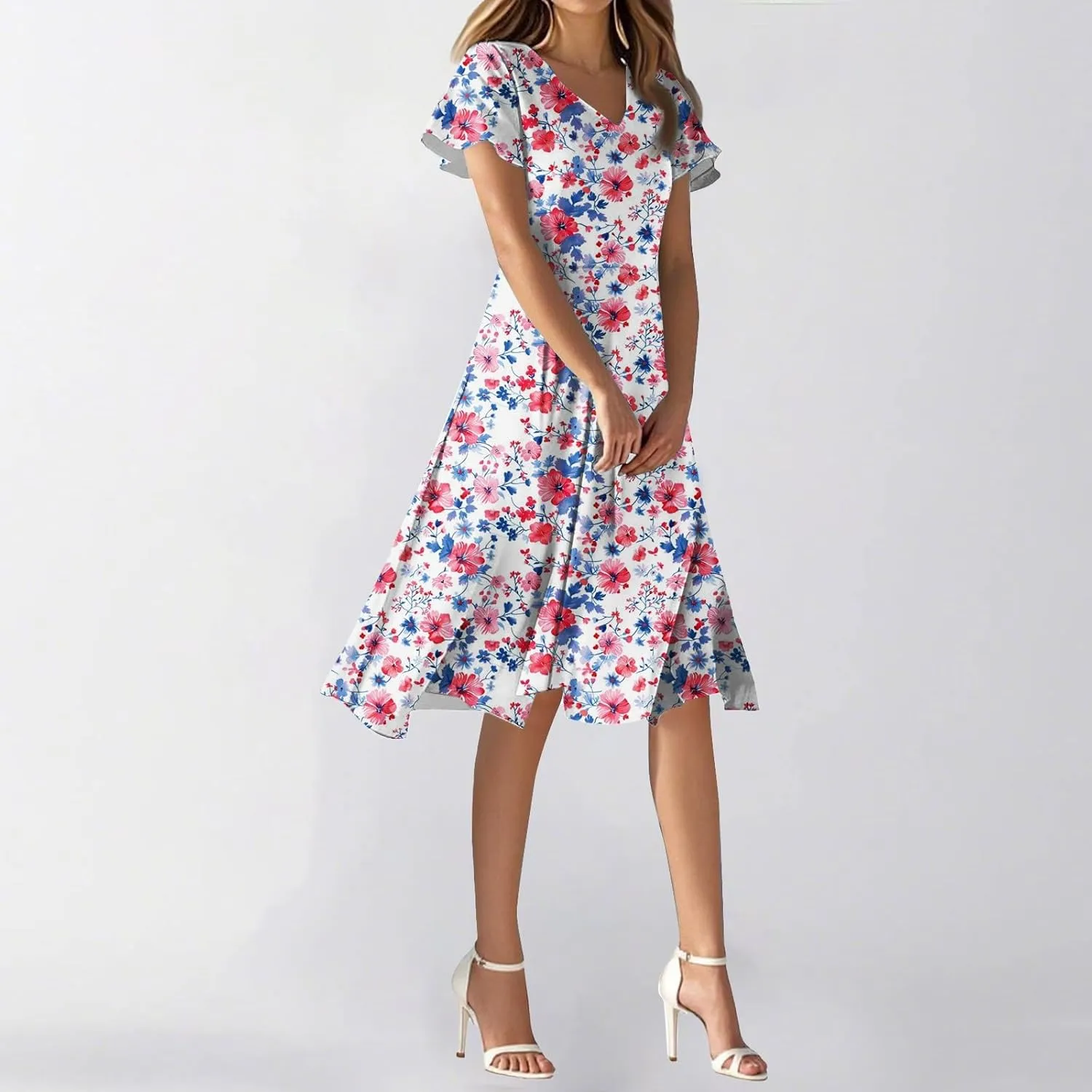 Summer Dresses for Women 205 Trendy Vacation V Neck Short Sleeve Knee Length Midi Boho Floral Flowy Sundresses