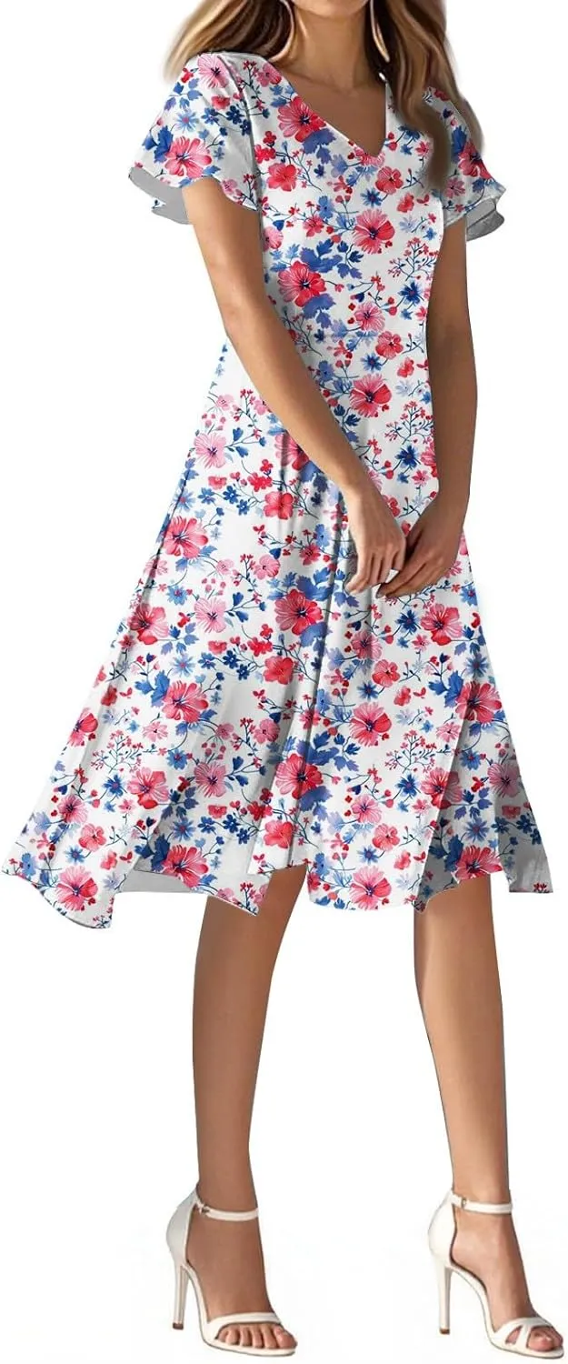 Summer Dresses for Women 205 Trendy Vacation V Neck Short Sleeve Knee Length Midi Boho Floral Flowy Sundresses