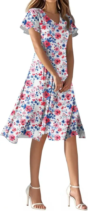 Summer Dresses for Women 205 Trendy Vacation V Neck Short Sleeve Knee Length Midi Boho Floral Flowy Sundresses