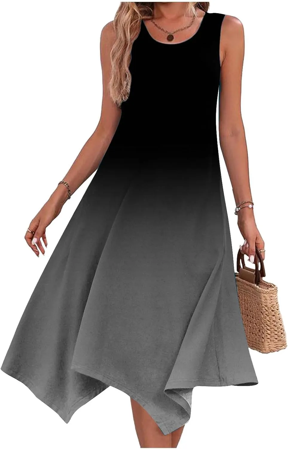Summer Dresses for Women Casual Sleeveless Tank Dress Knee-Length U-Neck Tie Dye Print Sundress Beach Boho Midi-Dresses