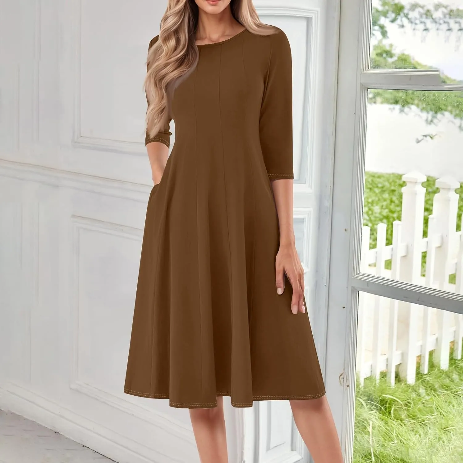 Summer Dresses for Women Crewneck 3/4 Sleeve Dress A Line Dress Spring Midi Casual Flowy with Pocket