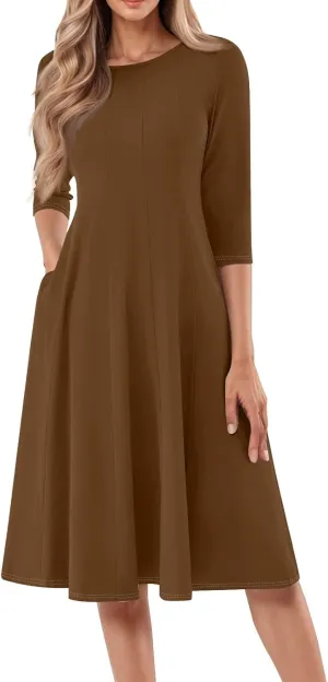 Summer Dresses for Women Crewneck 3/4 Sleeve Dress A Line Dress Spring Midi Casual Flowy with Pocket