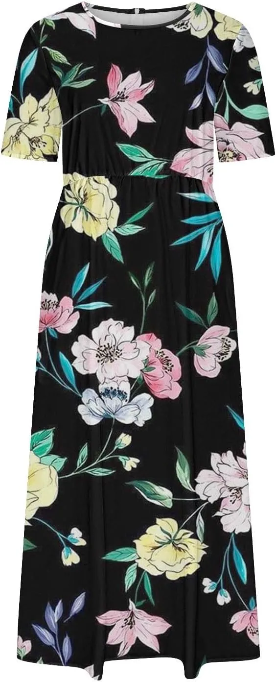 Summer Dresses for Women Short Sleeve A-Line Midi Dress Casual Floral T-Shirt Dress Flowy Beach Sundress with Pockets