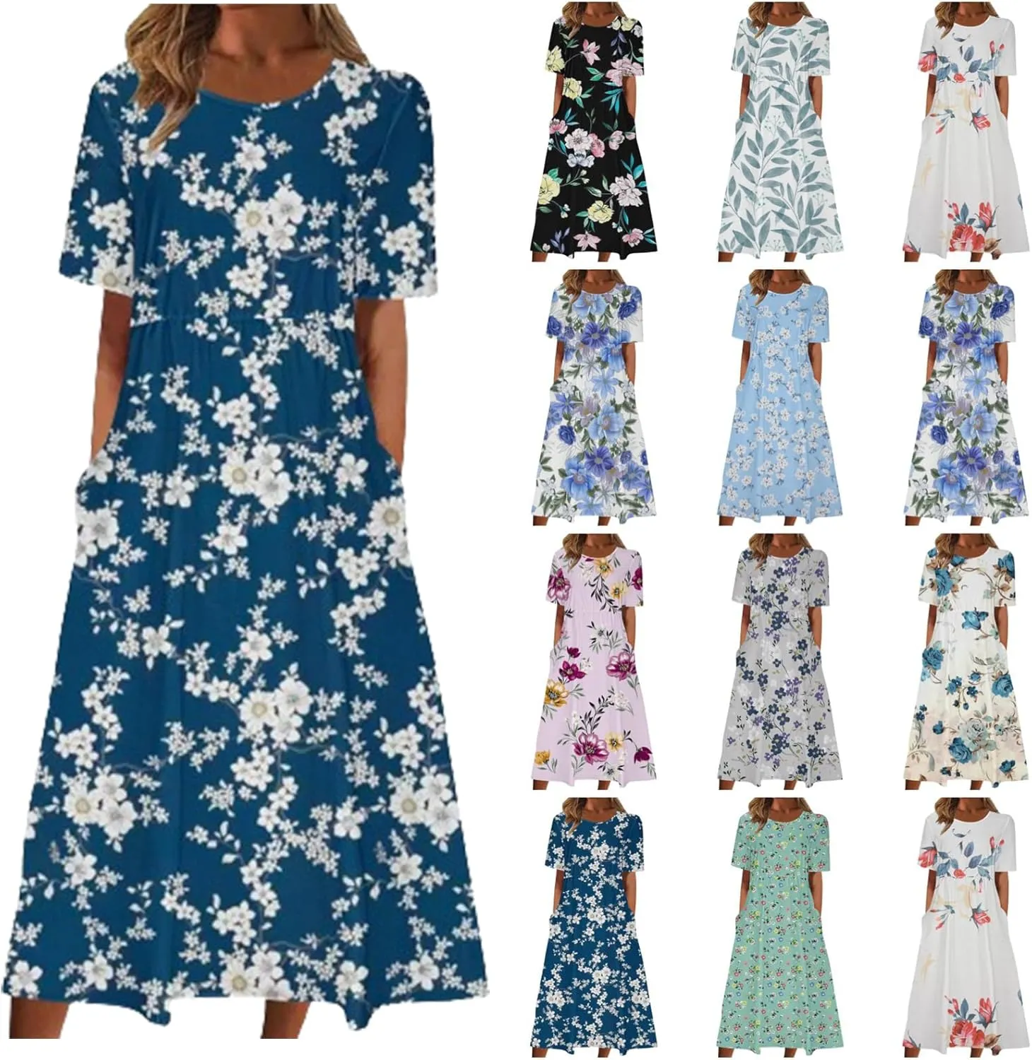 Summer Dresses for Women Short Sleeve A-Line Midi Dress Casual Floral T-Shirt Dress Flowy Beach Sundress with Pockets